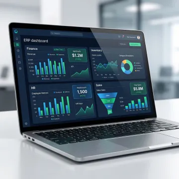 ERP software interface showing integrated business modules and real-time analytics
