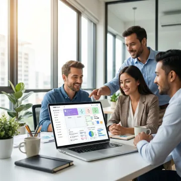 Business team reviewing unified sales ERP dashboard with invoice and CRM data on screen