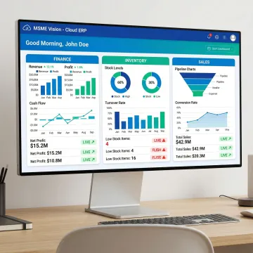 Cloud ERP software interface showing finance and inventory modules on a desktop screen