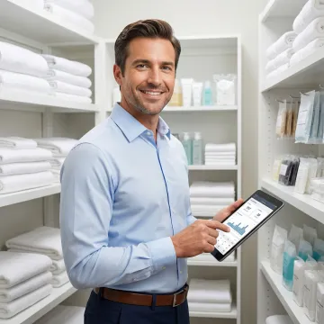 Hotel operations manager reviewing inventory reports on a tablet in a hotel storage room