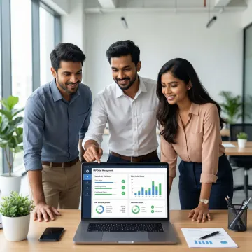 Business team reviewing sales order management workflows on a laptop with ERP dashboard open