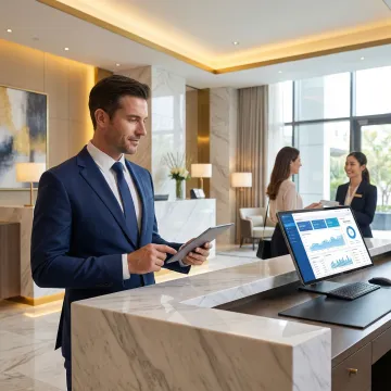 Hotel manager reviewing real-time billing dashboard on tablet at reception