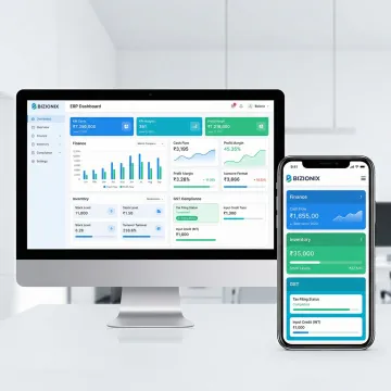 Bizionix ERP software interface showing integrated MSME business management modules on desktop and mobile