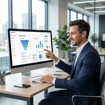CRM implementation specialist configuring a customer relationship management dashboard on a modern workstation