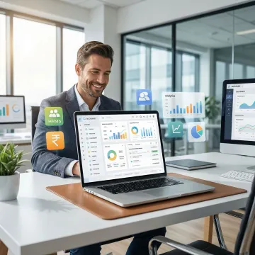 Business owner using Bizionix ERP software on a laptop to manage operations and track financial performance