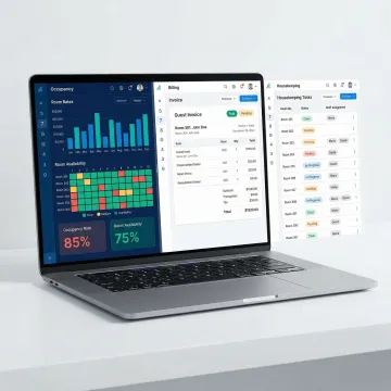 Unified hotel management platform showing occupancy, billing, and housekeeping modules on a single screen
