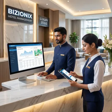 Hotel front desk staff using a cloud-based hotel management software on a tablet and desktop