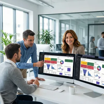 Business team reviewing unified ERP analytics on a desktop screen