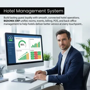 Hotel operations team reviewing live dashboard on a cloud PMS with room status and revenue metrics on screen