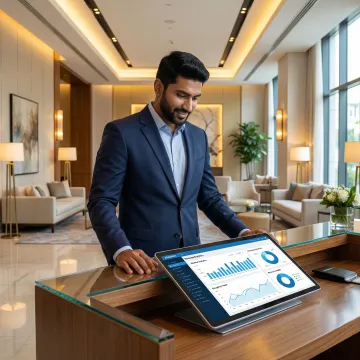 Hotel manager reviewing business intelligence reports and revenue analytics on a tablet at the front desk