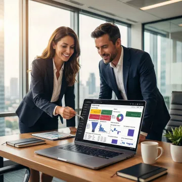 Business team reviewing cloud ERP analytics on a laptop in an office setting
