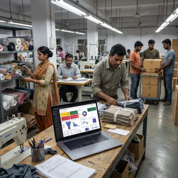 Garment manufacturing ERP dashboard on laptop