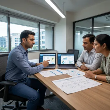 ERP consultant reviewing business dashboards with a Pune MSME team