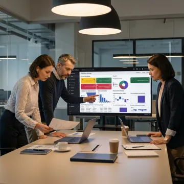 Business team reviewing ERP management dashboard