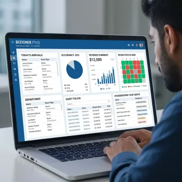 Hotel PMS dashboard showing live operations