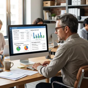 Business owner reviewing ERP reports