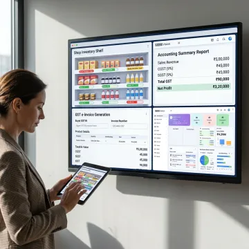 Shop owner reviewing inventory and accounting software