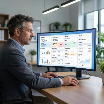 Business manager reviewing unified ERP software dashboard