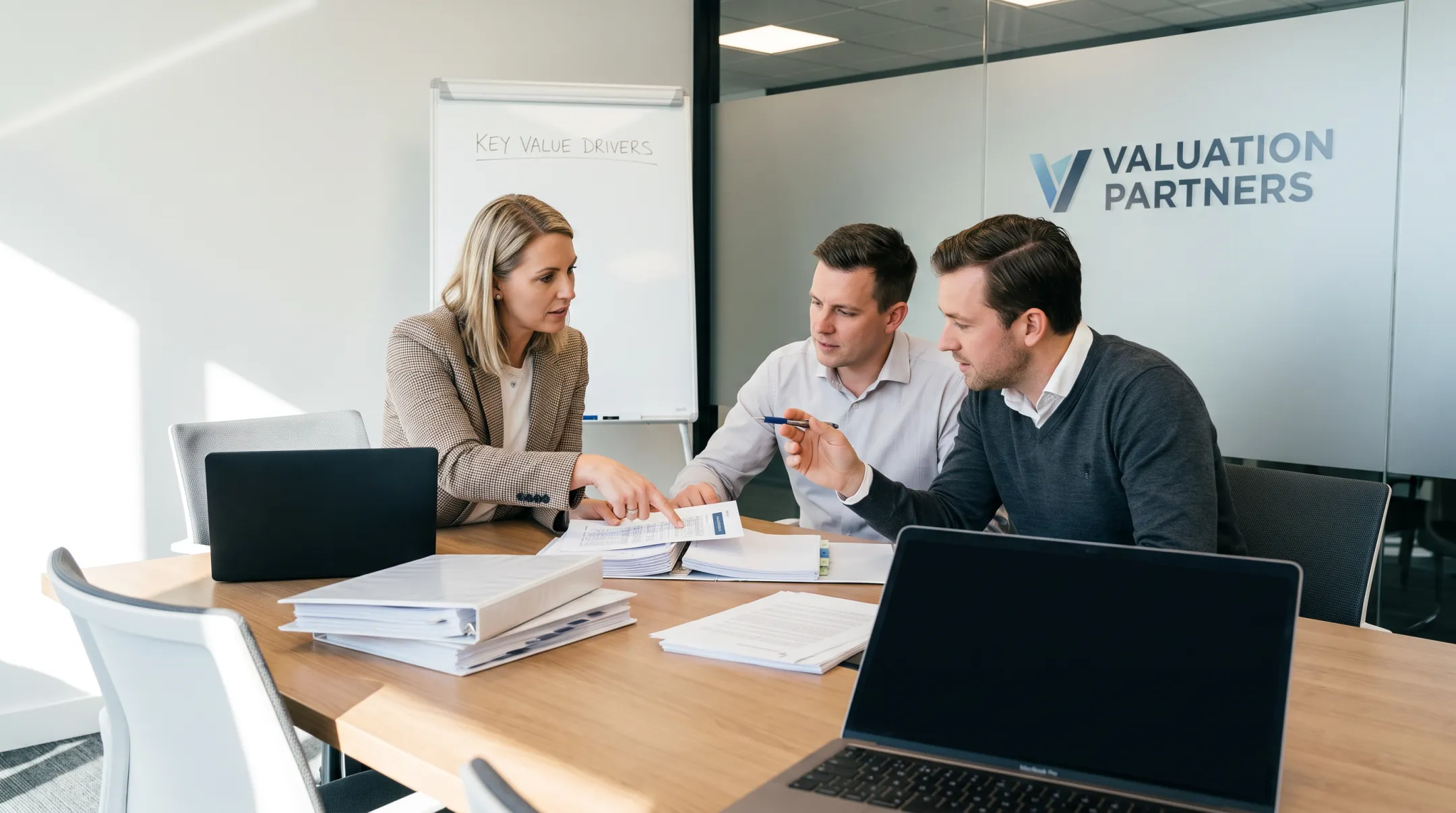 Medical practice valuation advisors reviewing financial records with owner