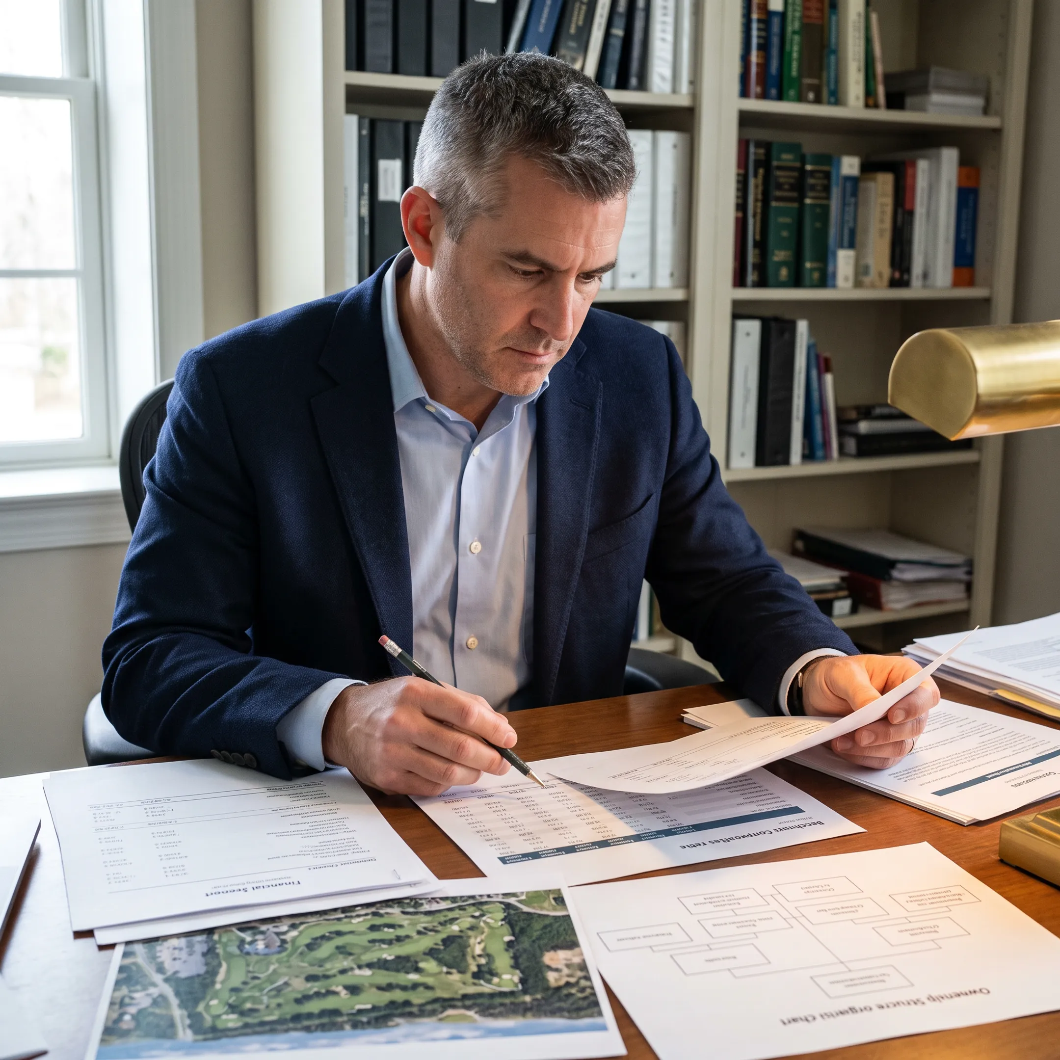 Valuation analyst comparing golf business financial reports and market data