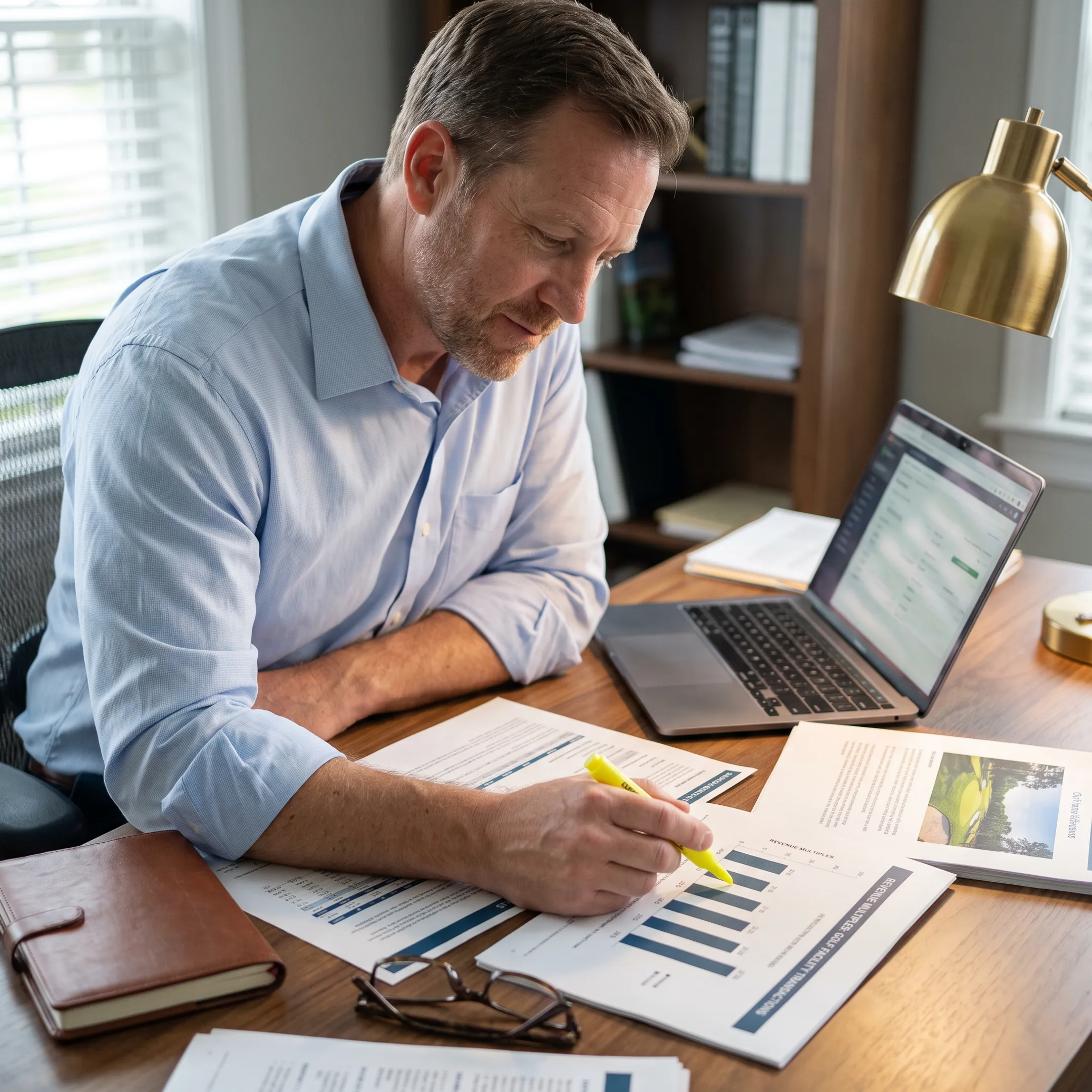 Valuation professional reviewing golf business financial data and benchmark charts