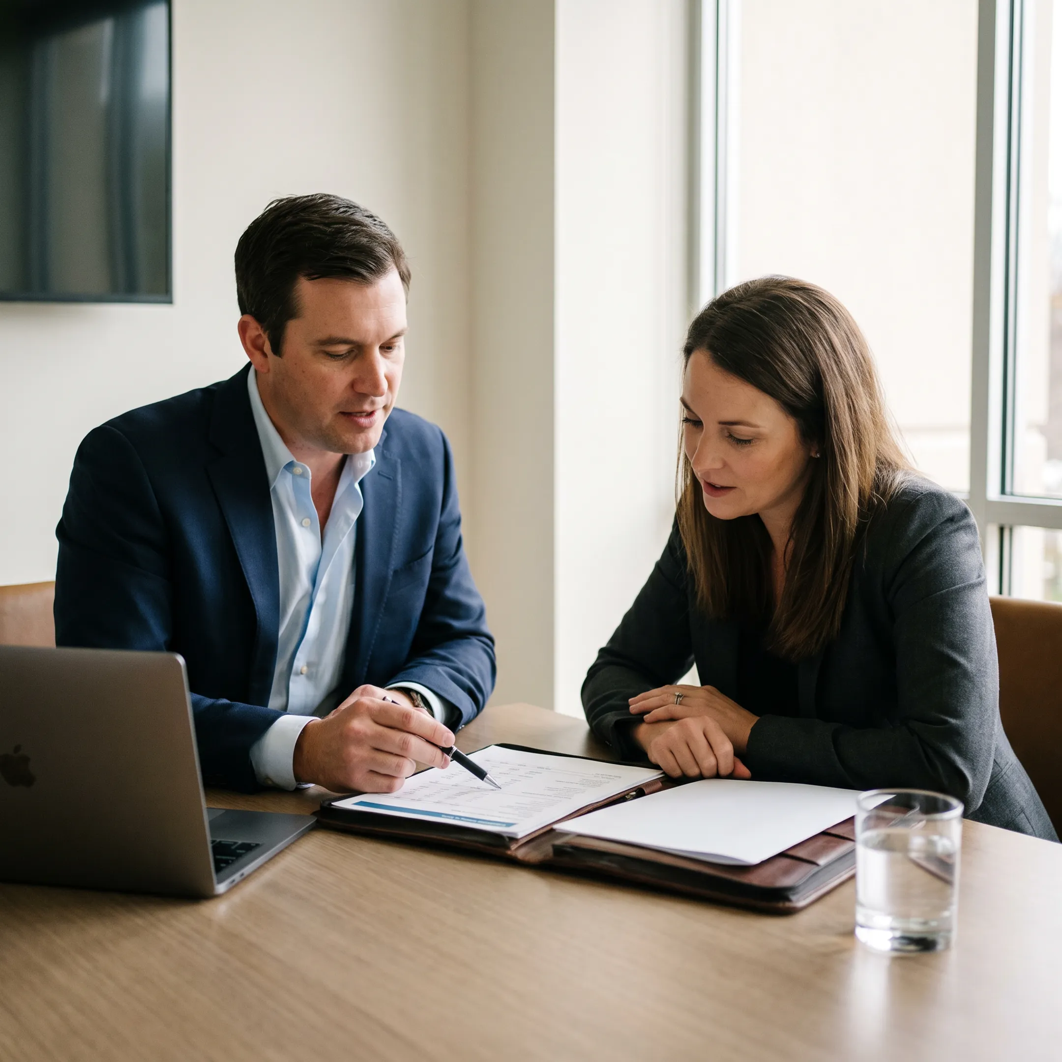 Business valuator reviewing financial documents with an Atlanta business owner
