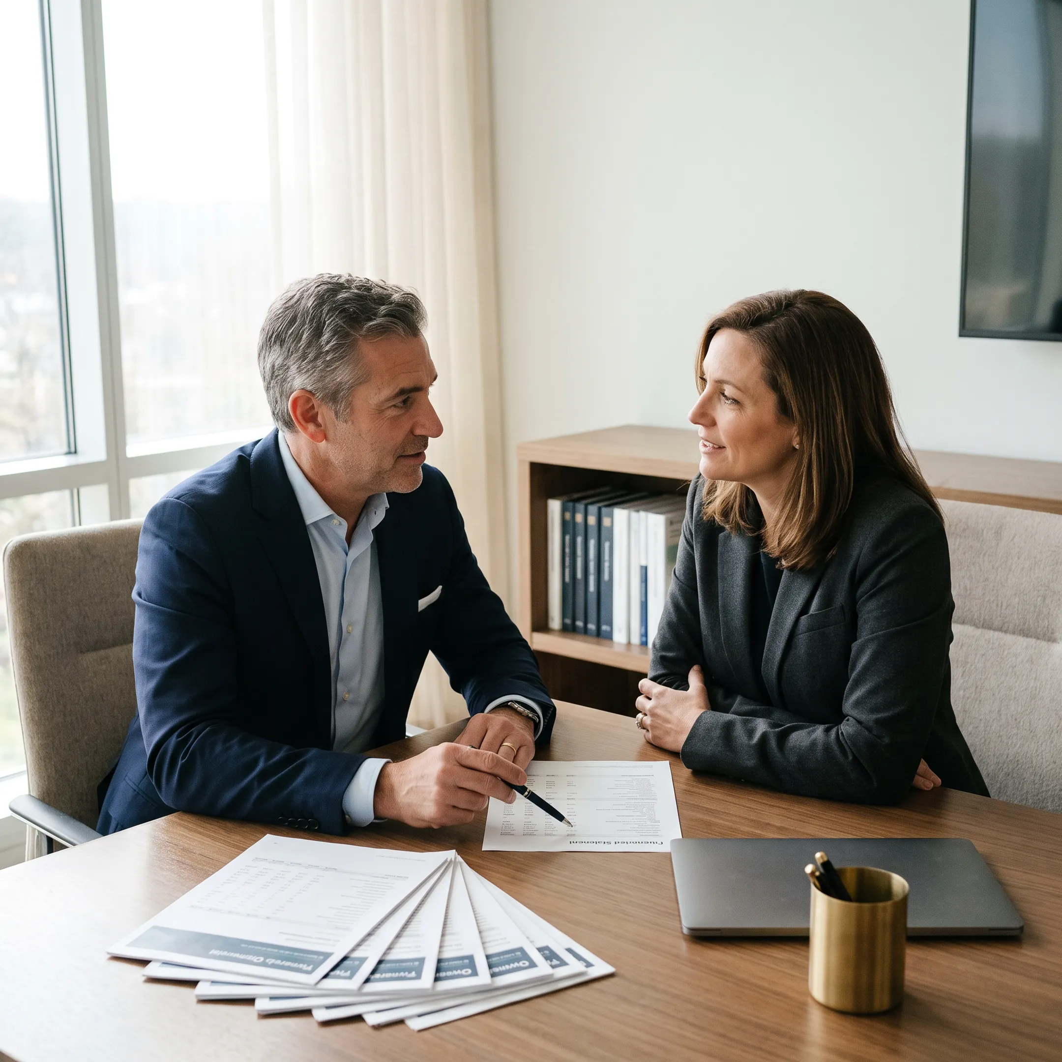Valuation professional reviewing business financial documents with a client