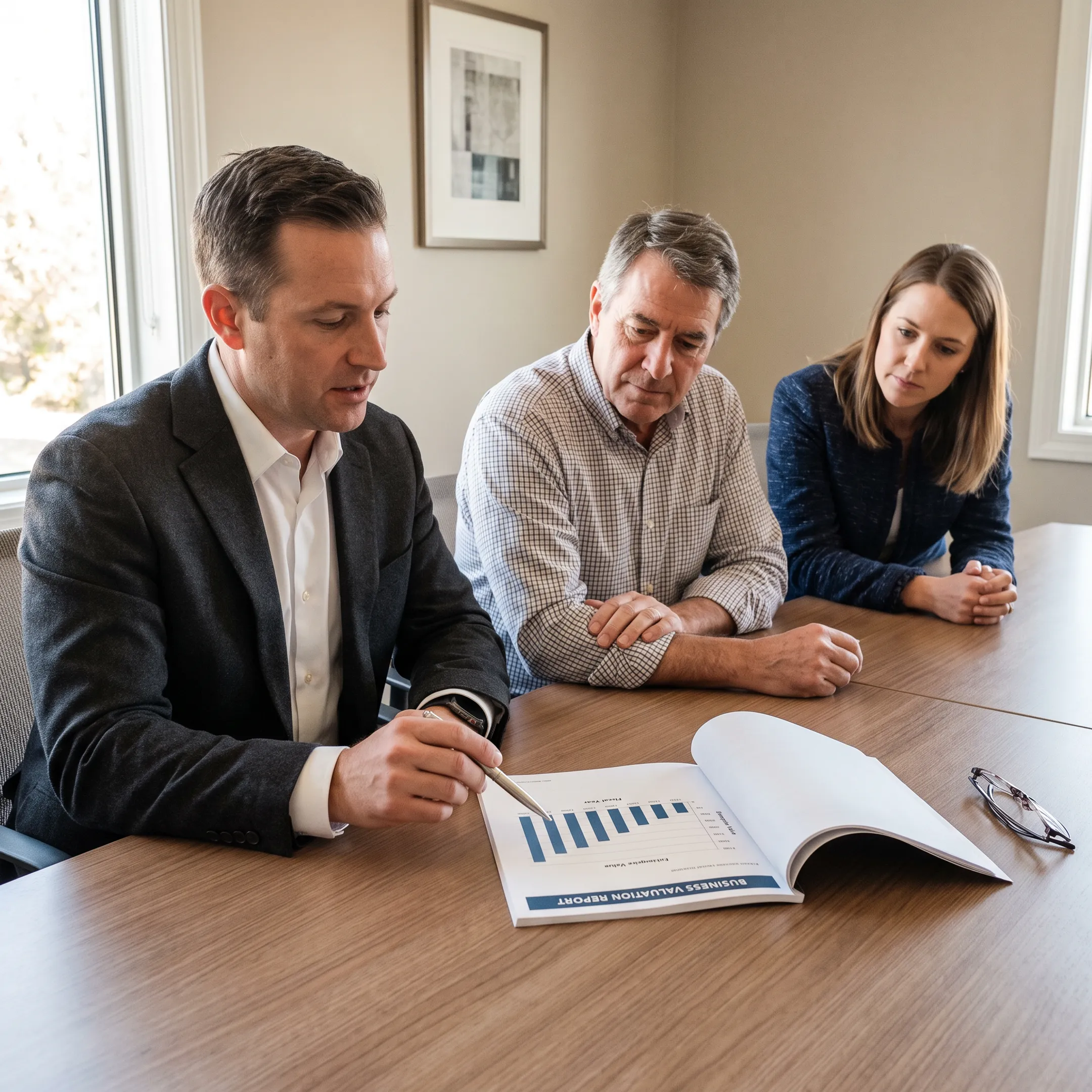 Family business owners discussing succession planning with a valuation consultant