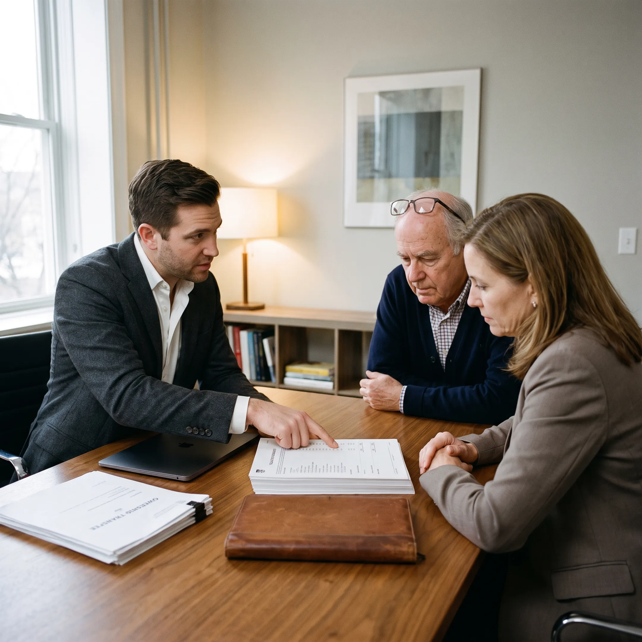 Advisor reviewing family business succession valuation documents with business owners