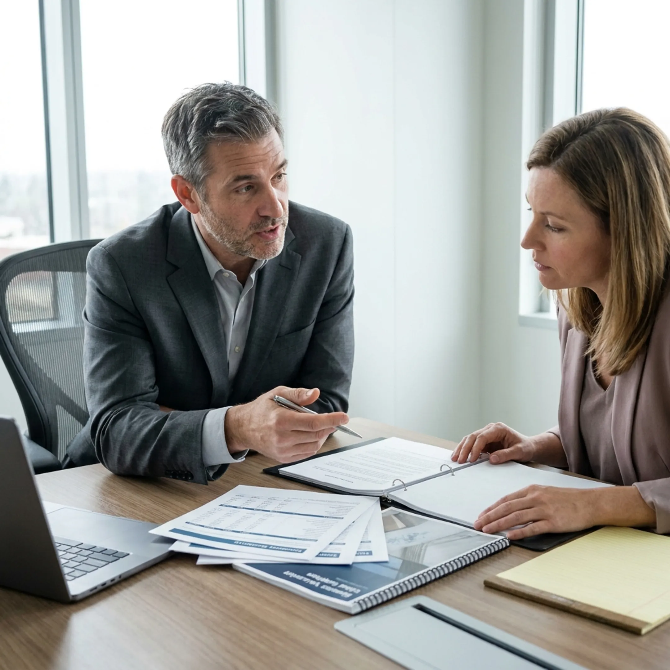 Business valuator reviewing financial documents with a business owner