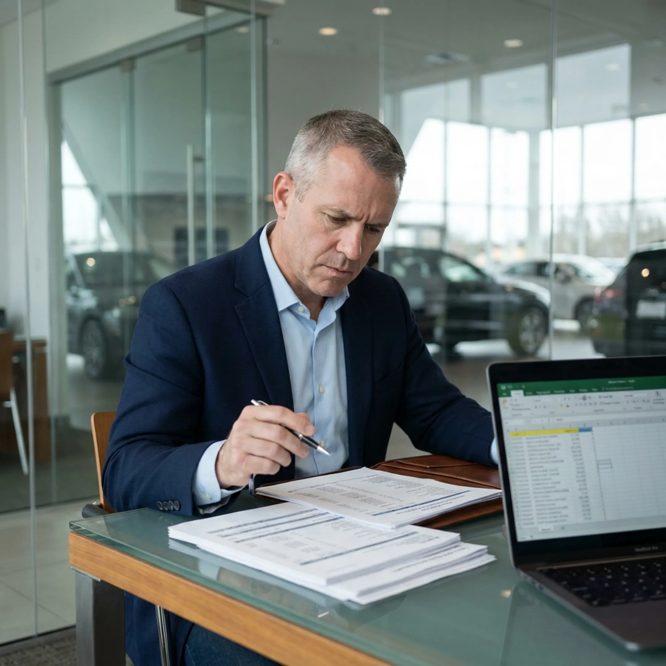 Valuation professional reviewing car dealership financial documents