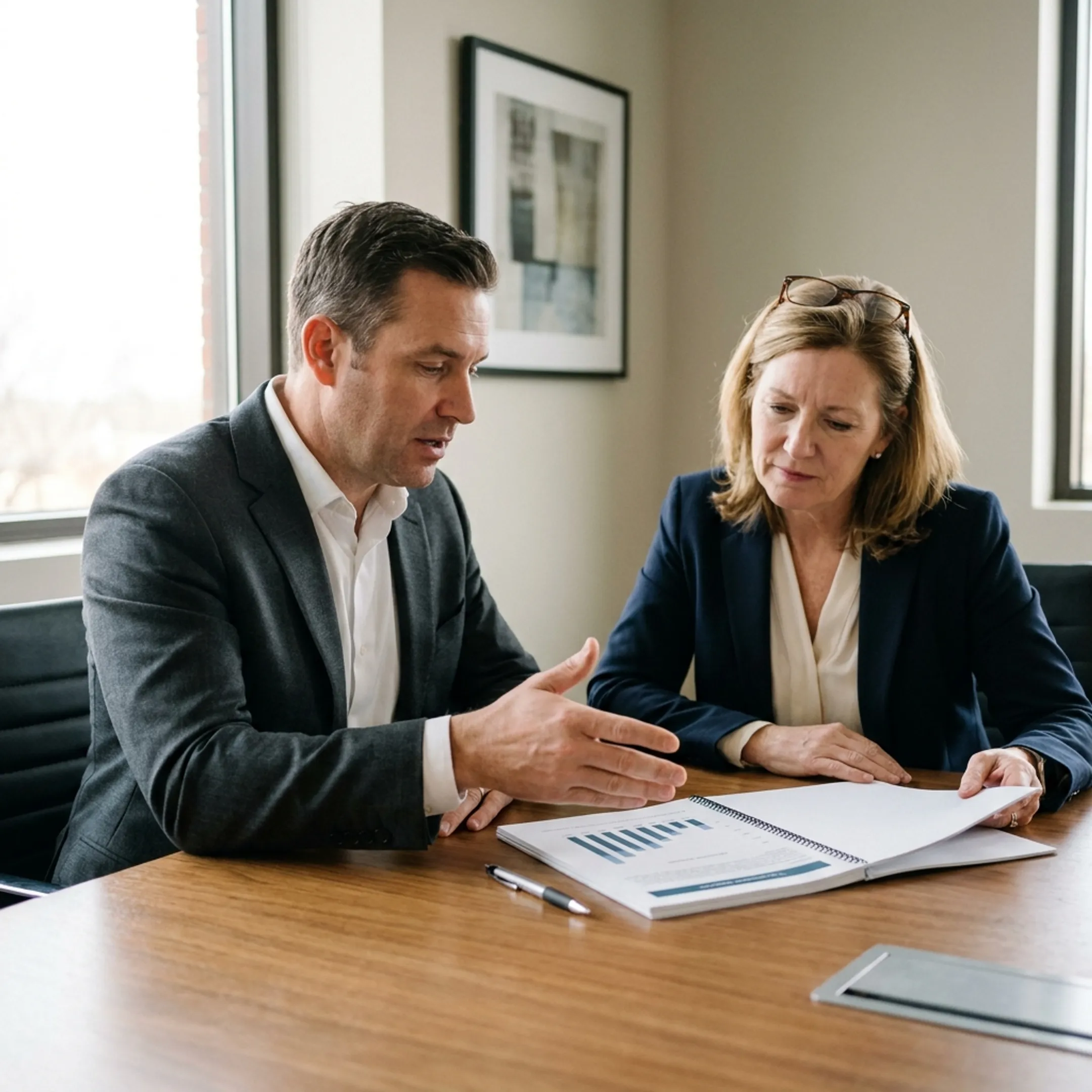 Business advisor explaining valuation findings to an owner during an exit planning meeting