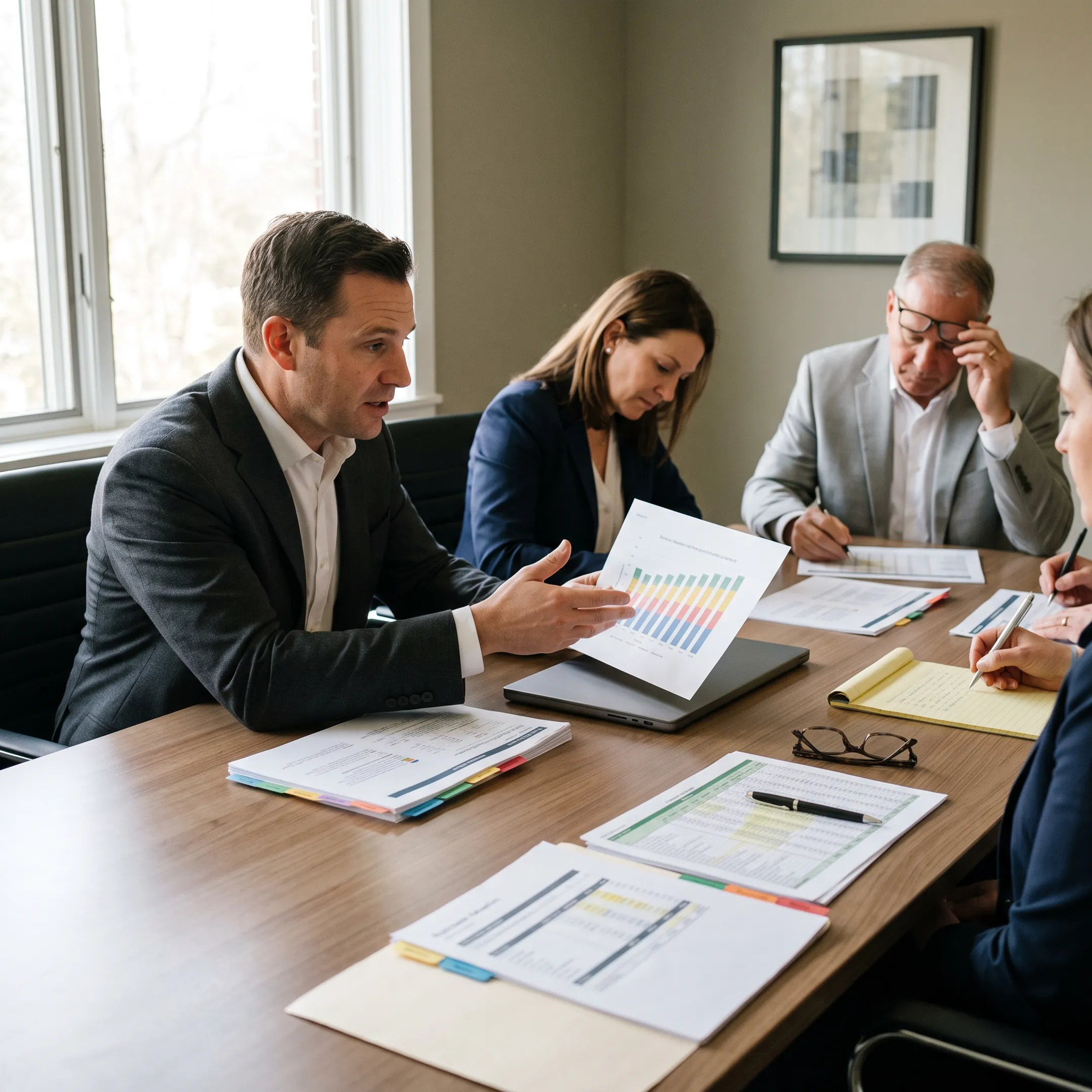 Consultant explaining business valuation findings to company stakeholders