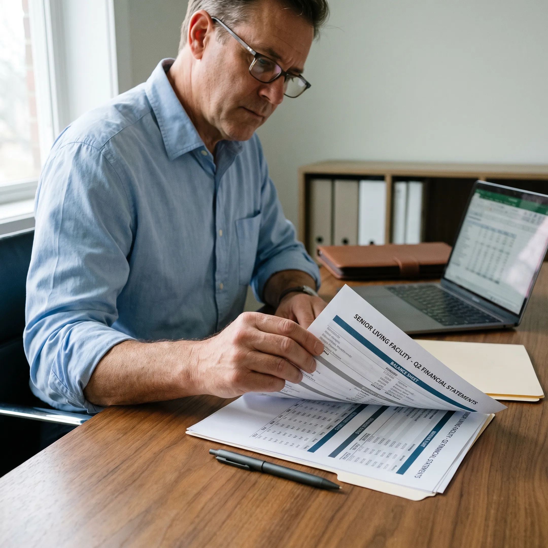Valuation professional reviewing senior living facility financial documents