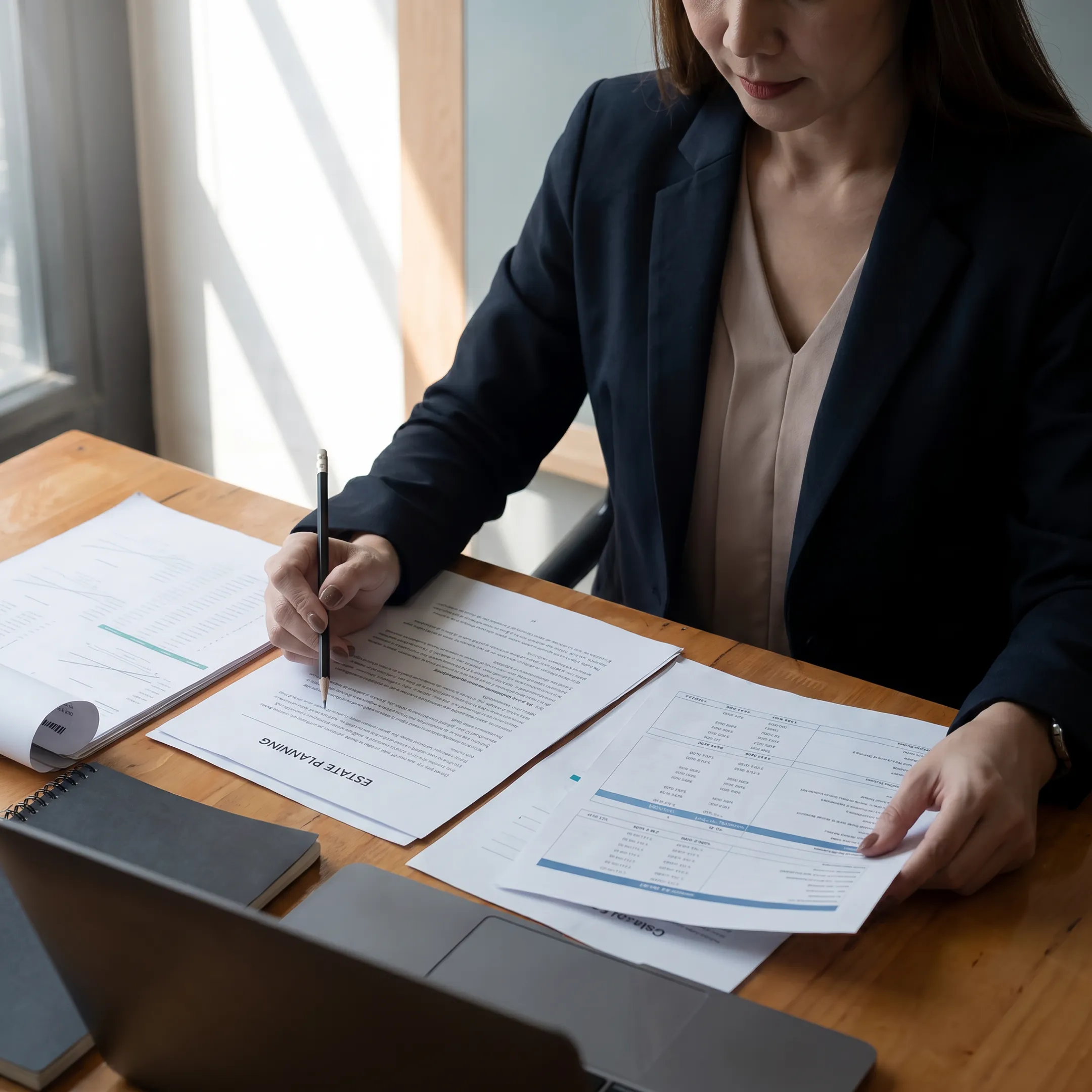 Valuation consultant reviewing estate documents and business financial records