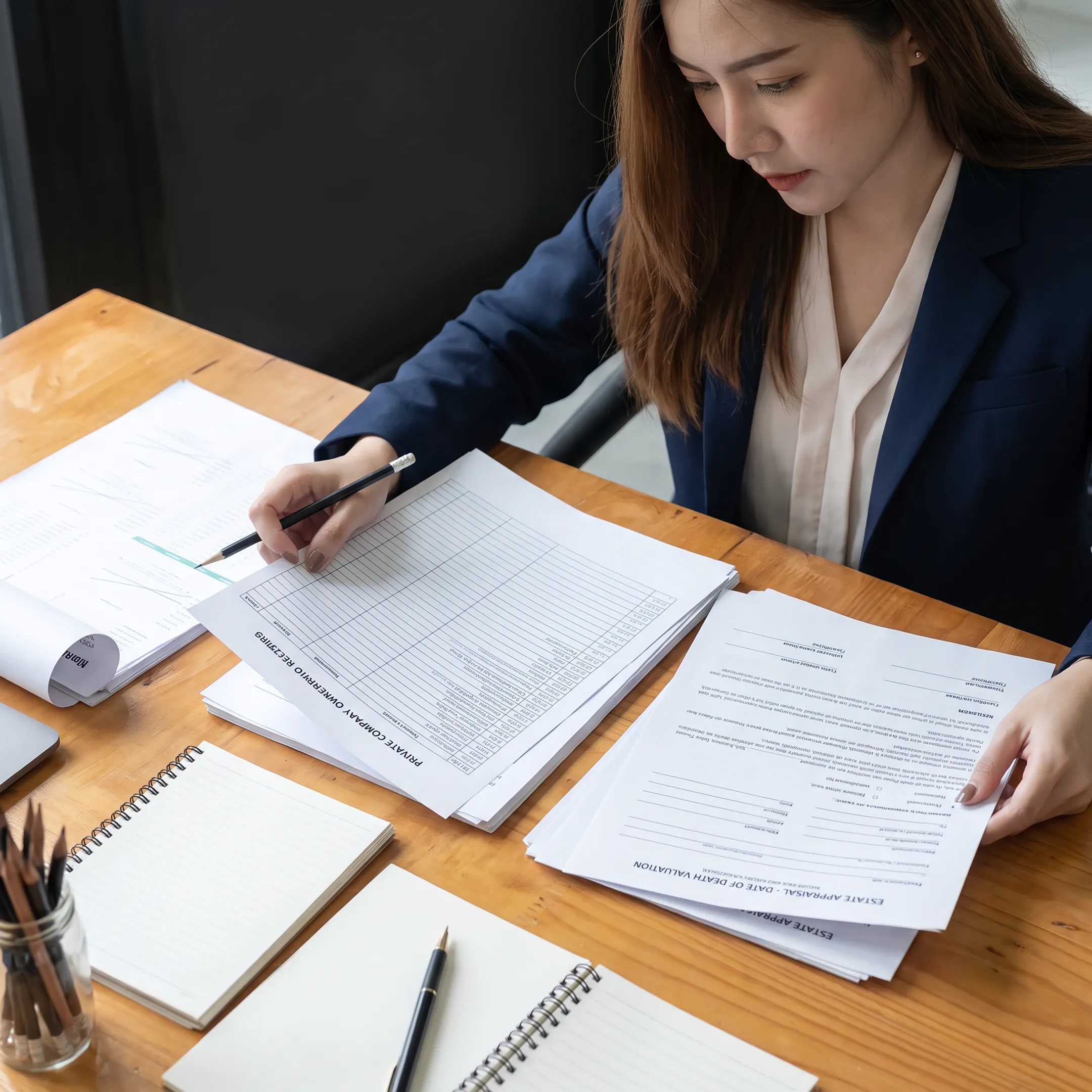 Valuation analyst examining business records for an estate appraisal