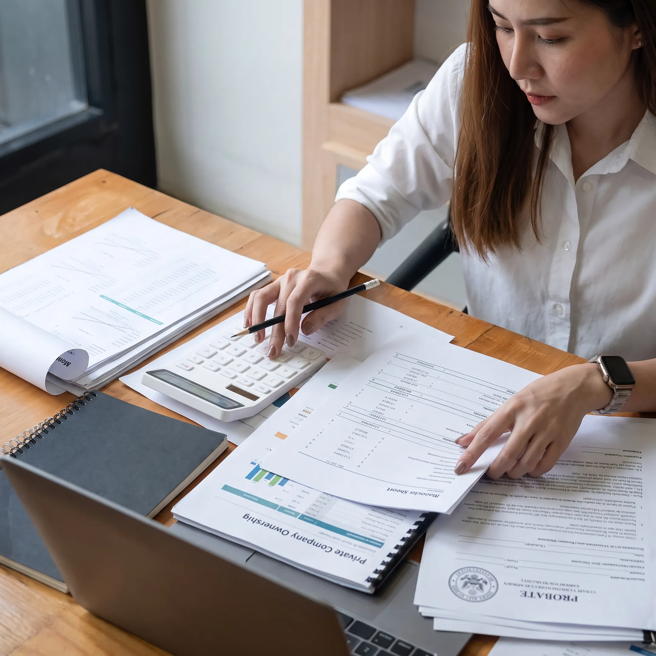 Business valuator analyzing private company share records for probate