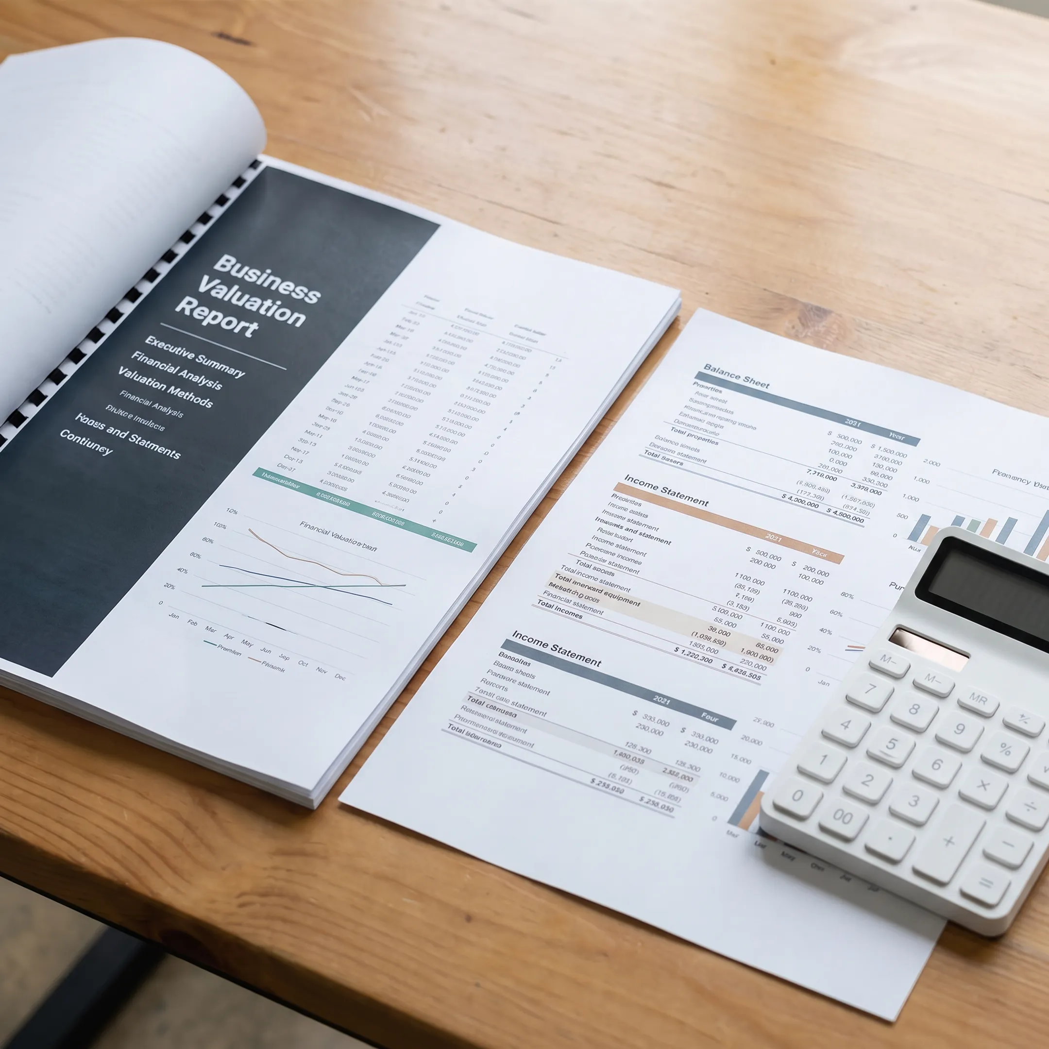 Business valuation report and financial analysis on a desk