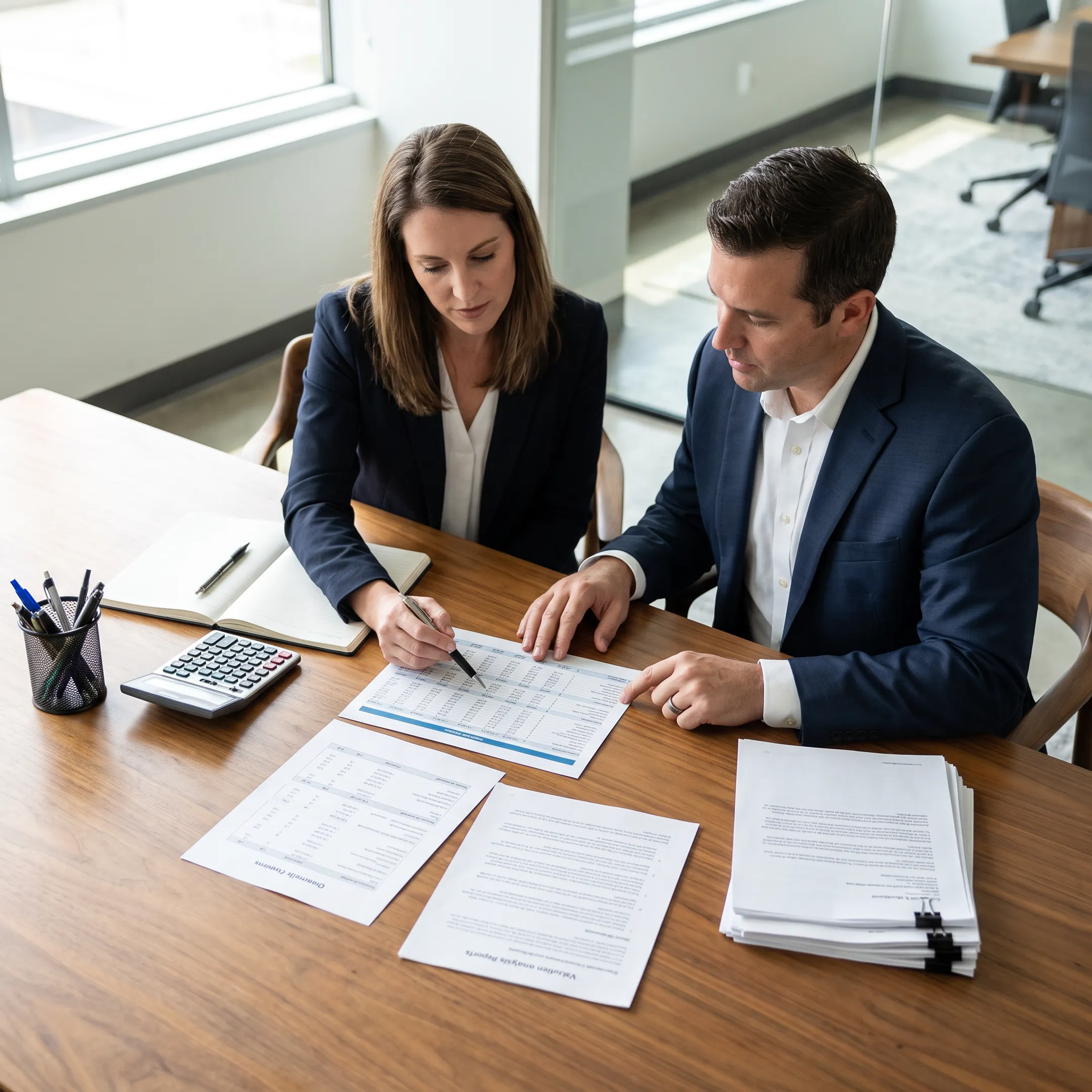 Valuator reviewing business financial documents with a client