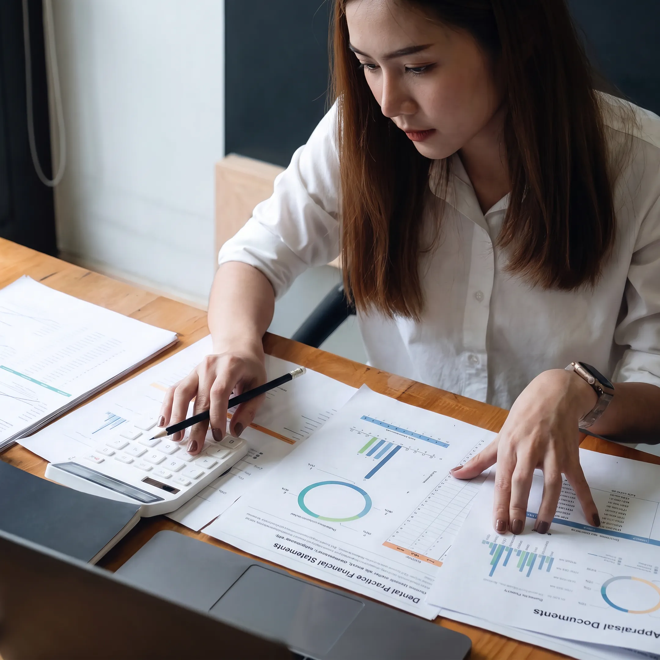 Valuation professional reviewing dental practice financial documents at a desk