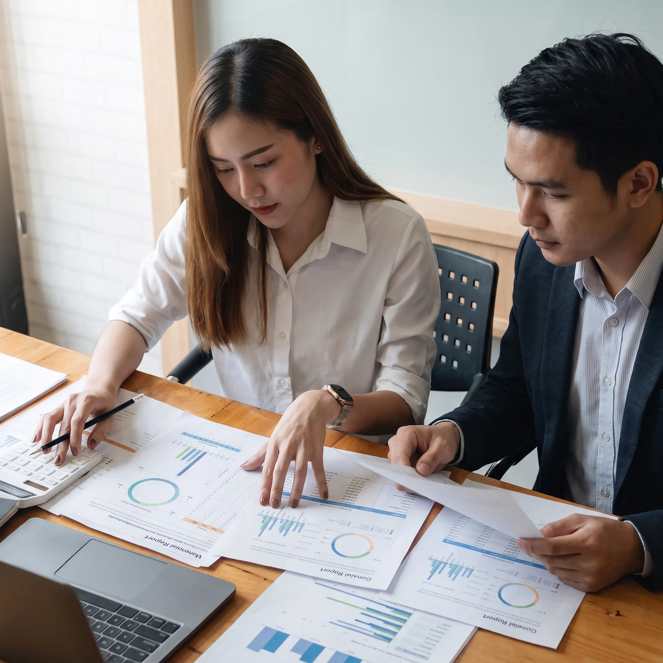 Valuation consultant reviewing business financial documents with a business owner