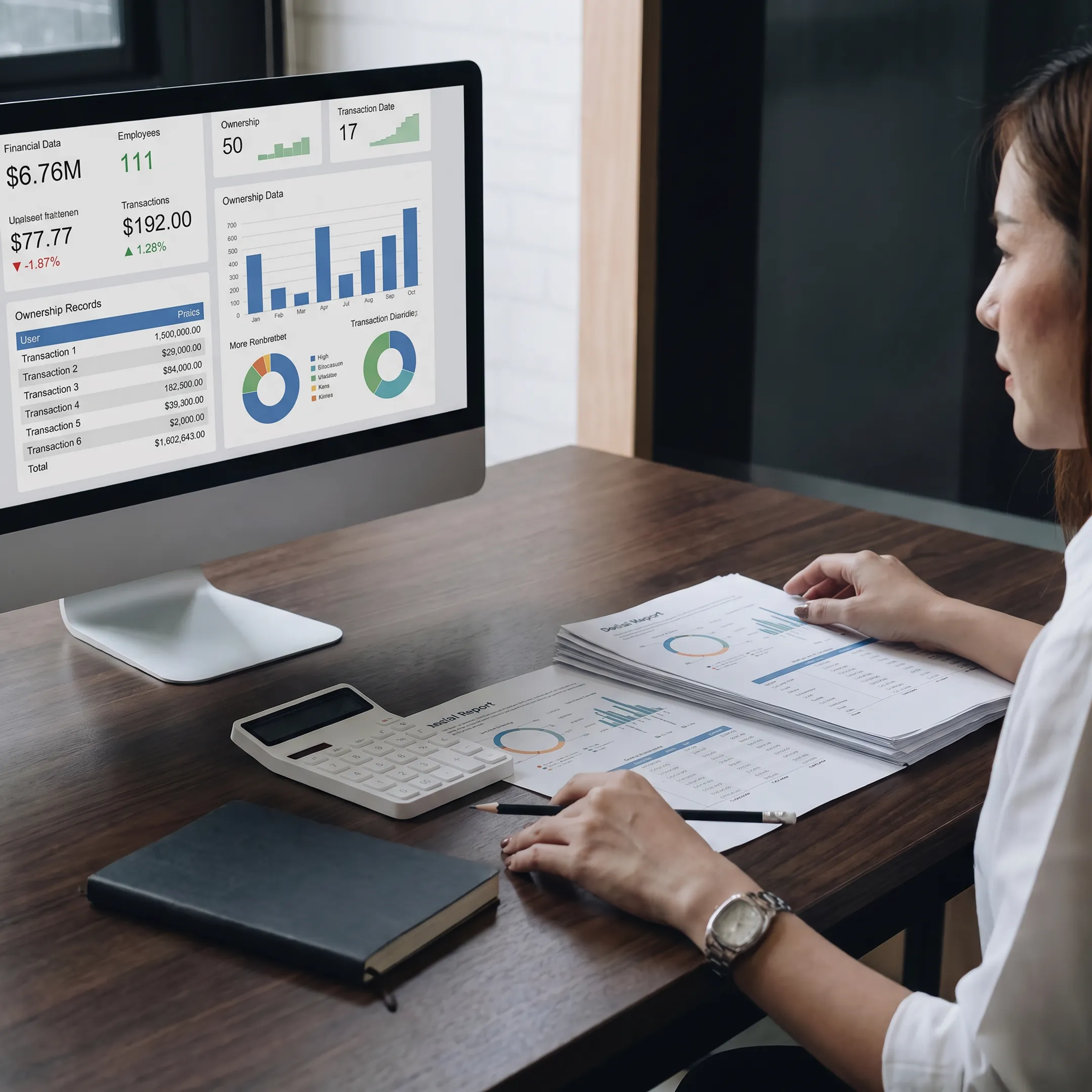 Consultant analyzing business valuation data and ownership records