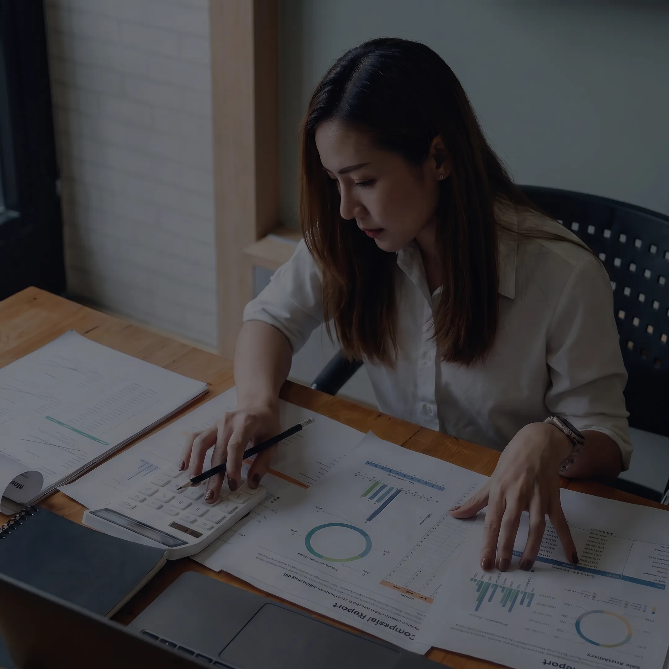 Valuation professional reviewing business sale documents and financial analysis at a desk