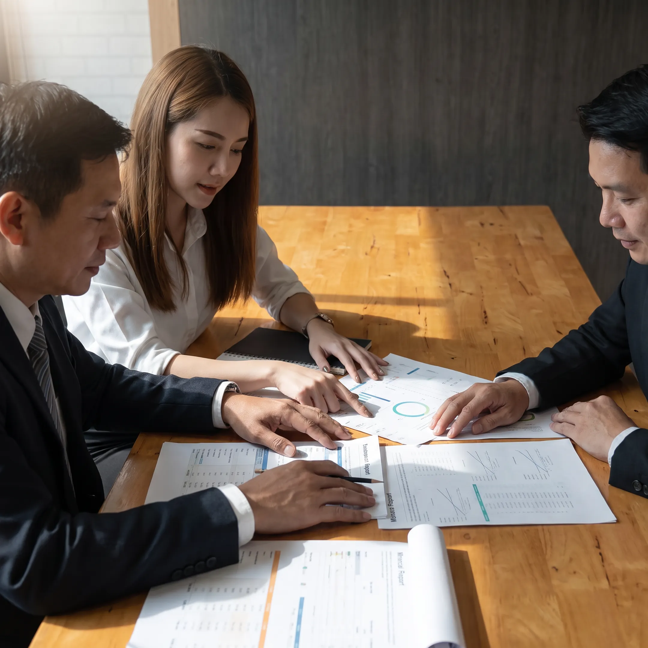 Advisor reviewing ESOP valuation documents with business owners in a professional office