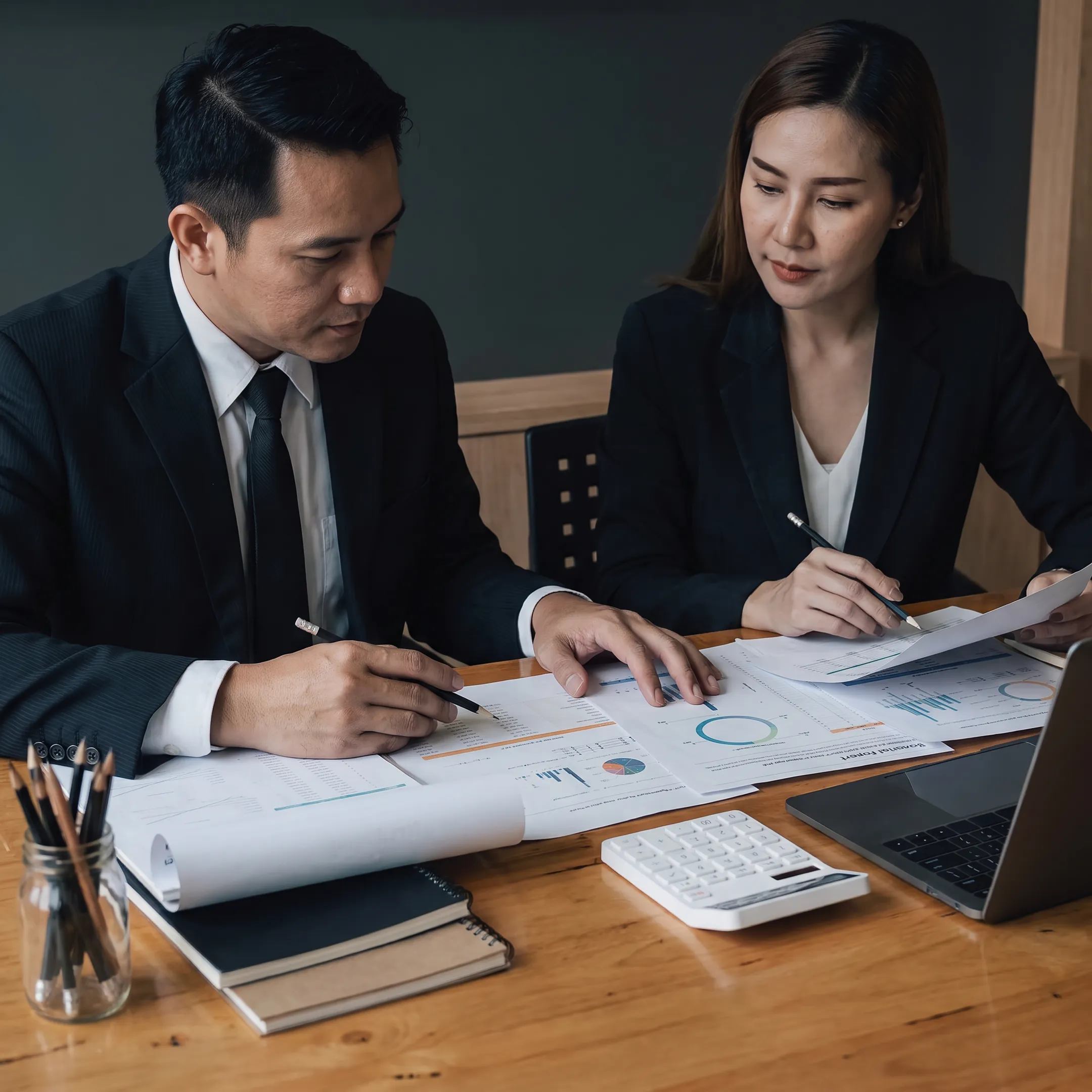 Valuation professional reviewing business financial documents with a client