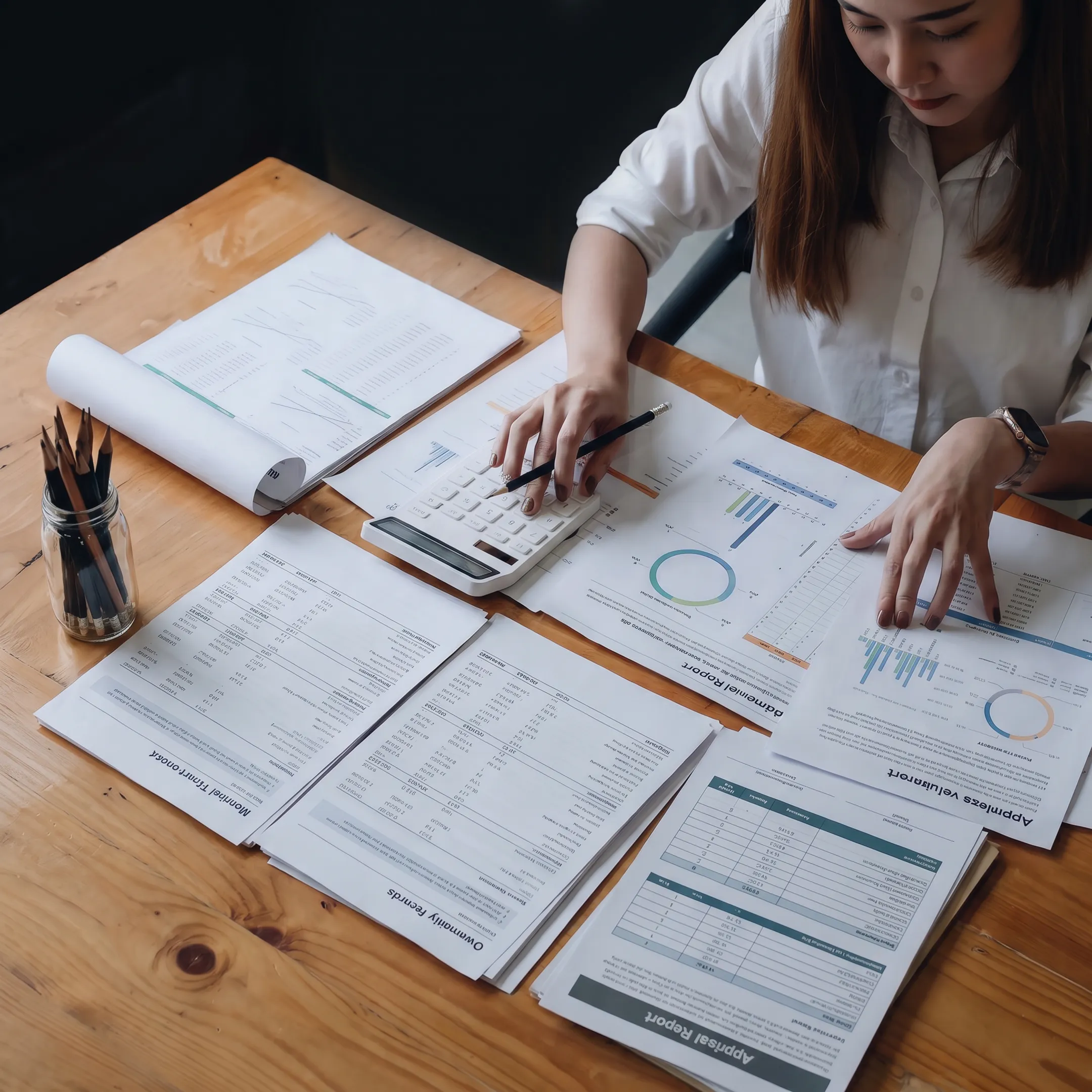 Valuation professional reviewing business financial documents at a desk