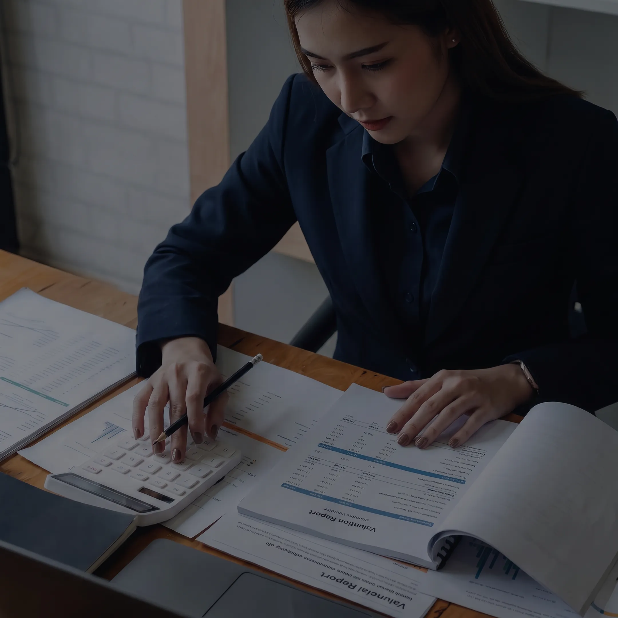 Business valuator analyzing company records and valuation reports