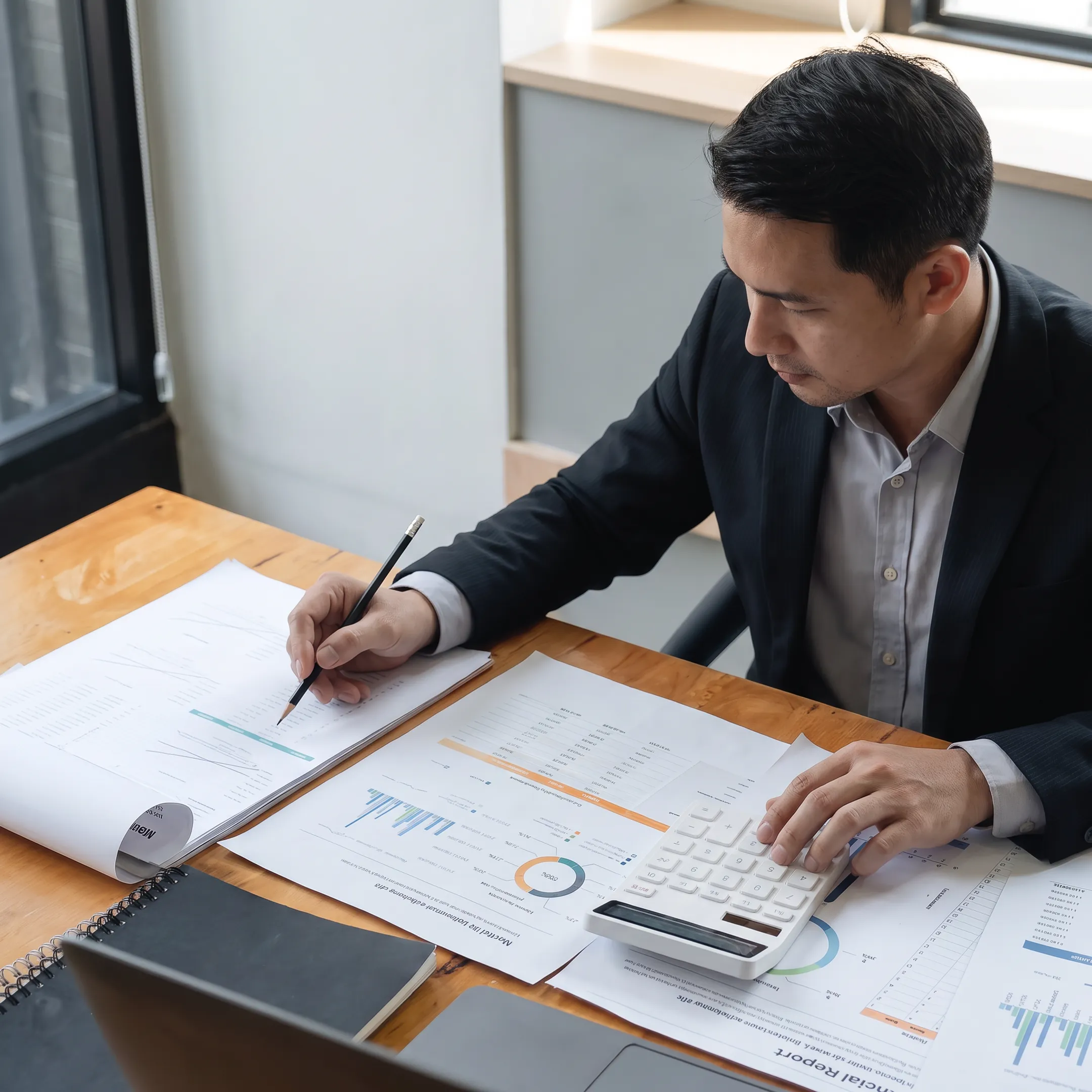Valuation professional analyzing business financial statements and ownership documents