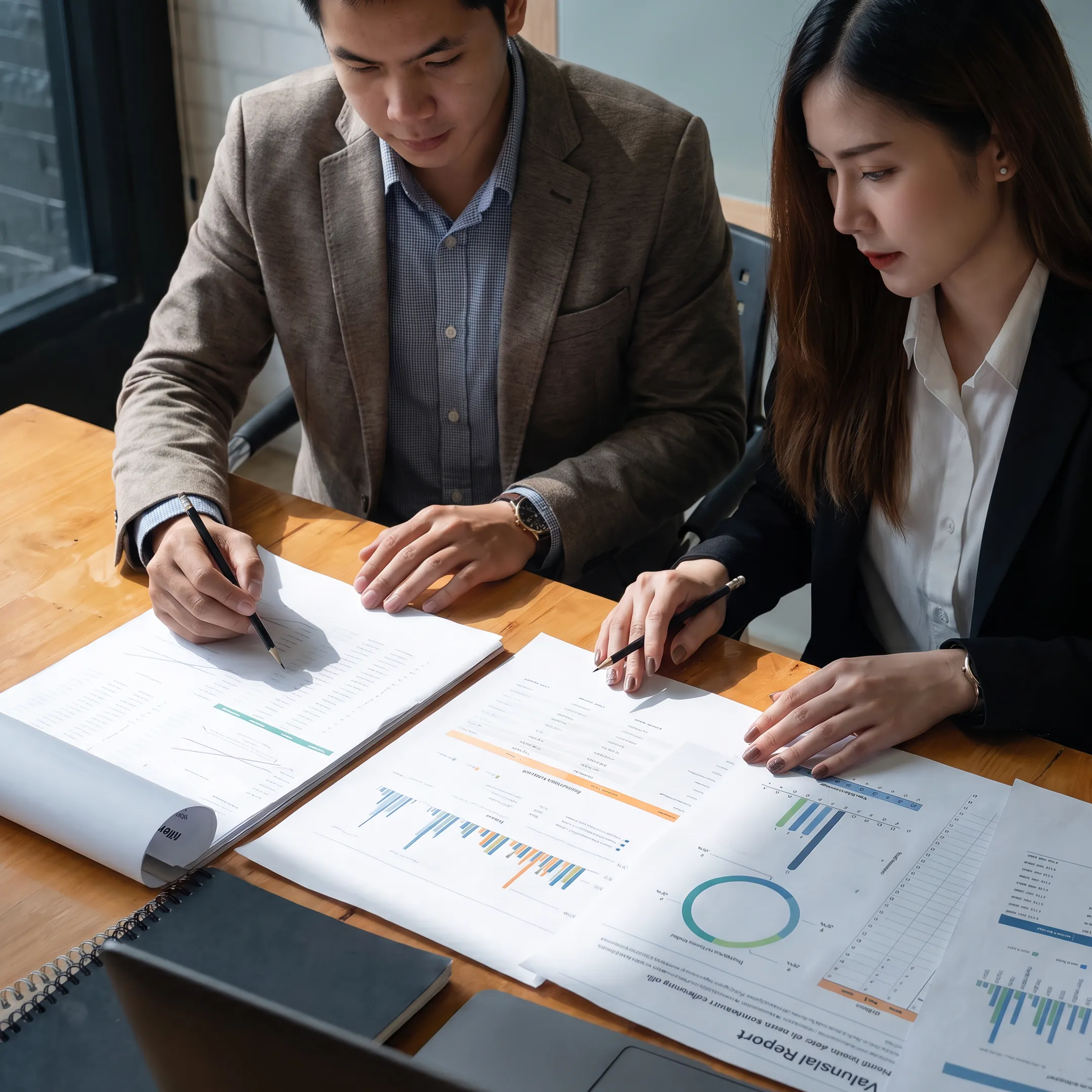 Business valuator reviewing financial documents with a Cleveland business owner in a professional office