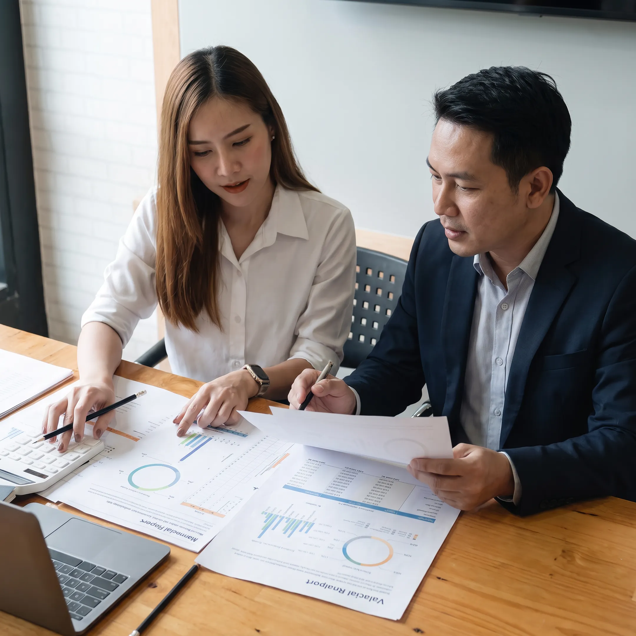 Business valuator reviewing financial documents with a business owner